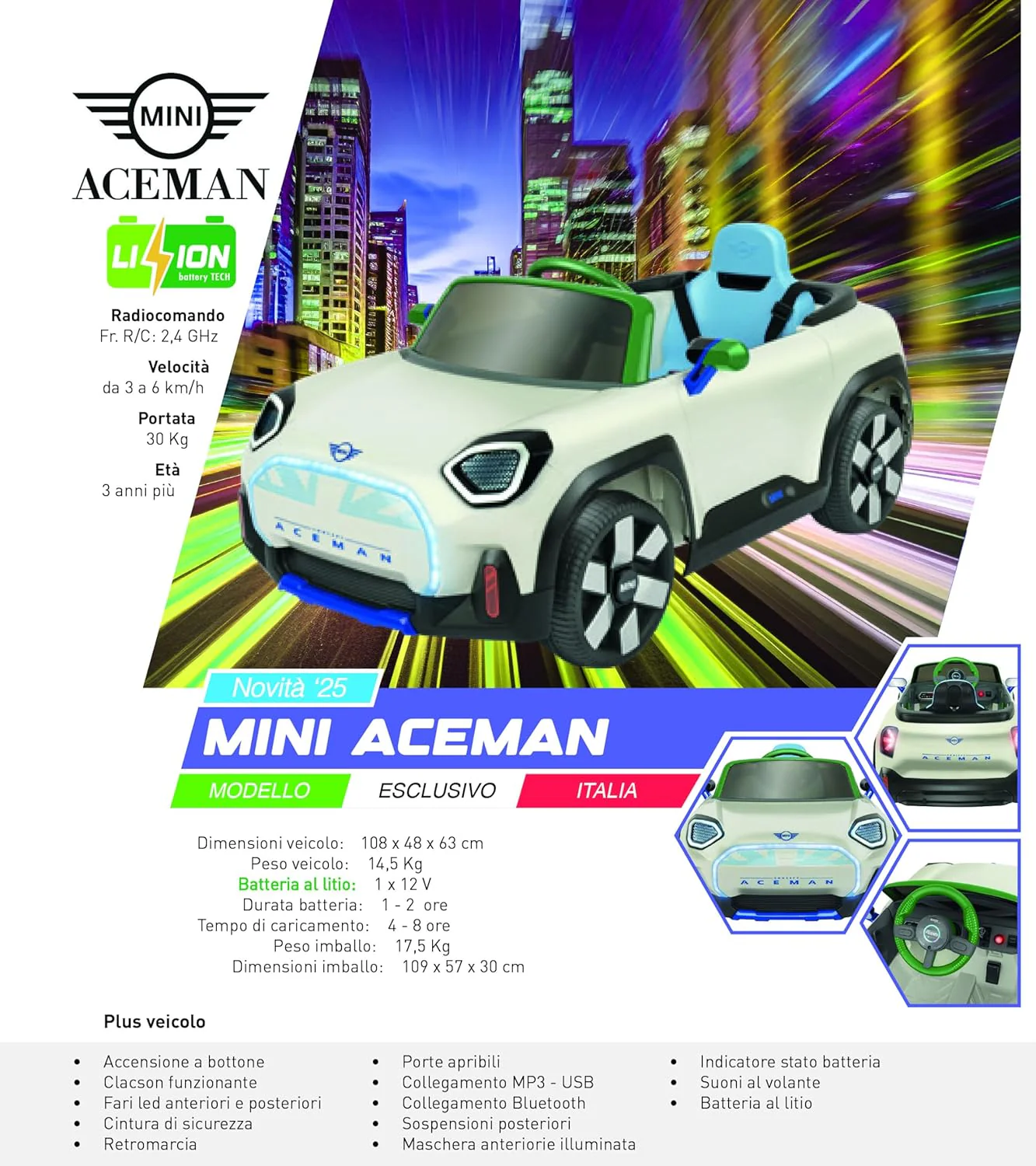 Macchina Mini Aceman 12V per bambini con Batteria al Litio Radiocomandata Bianca - Image 7